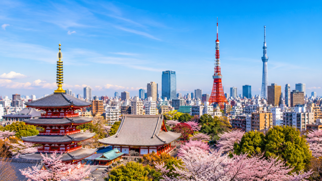 Tokyo skyline with Senso-ji Temple, Tokyo Tower, and Tokyo Skytree