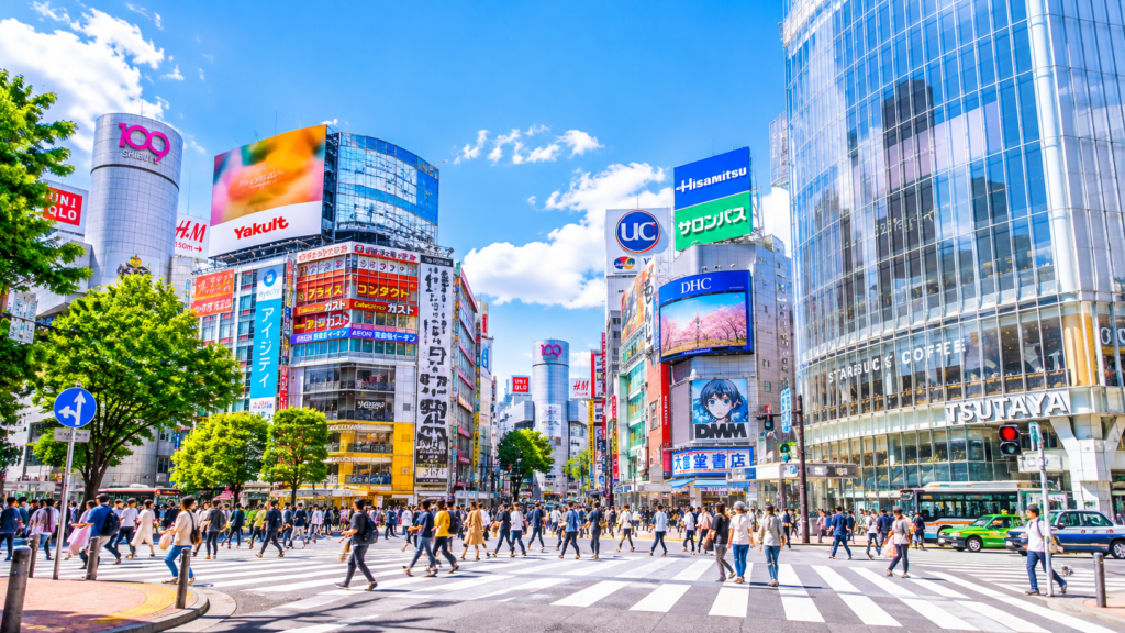 Shibuya Crossing in Tokyo on a sunny day