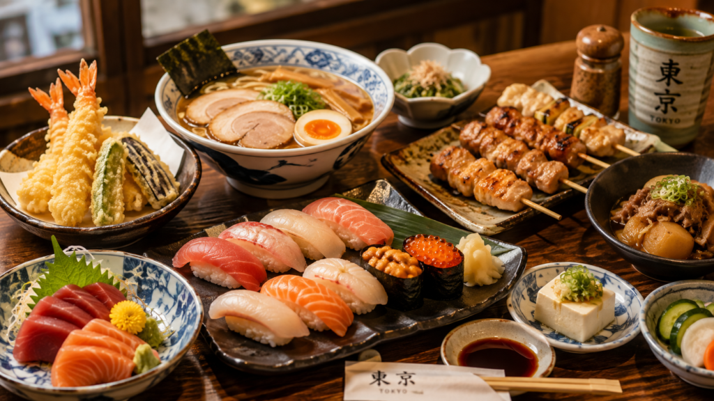 Japanese food including sushi, ramen, tempura, and yakitori in Tokyo