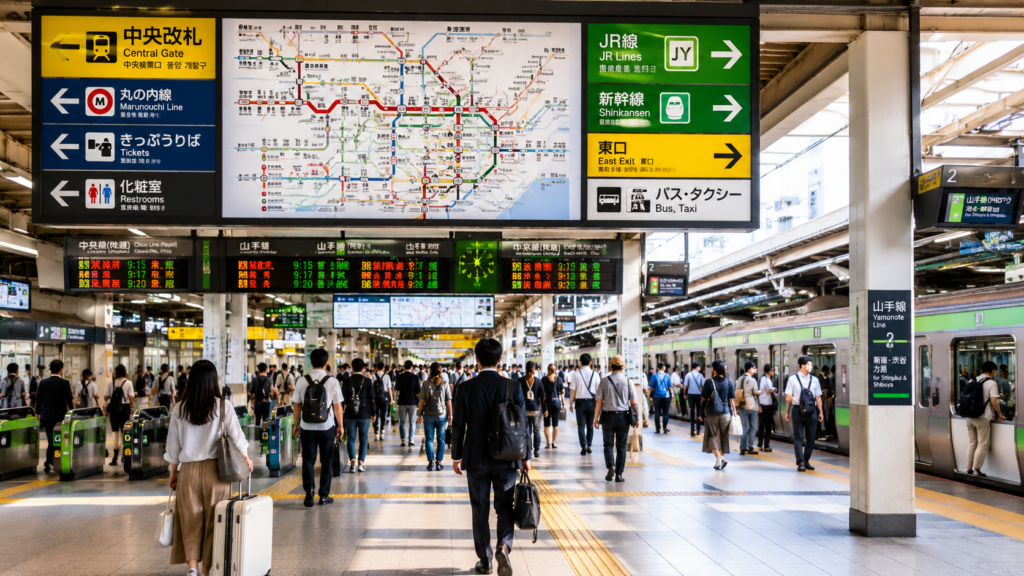 Tokyo train station with railway signs and passengers