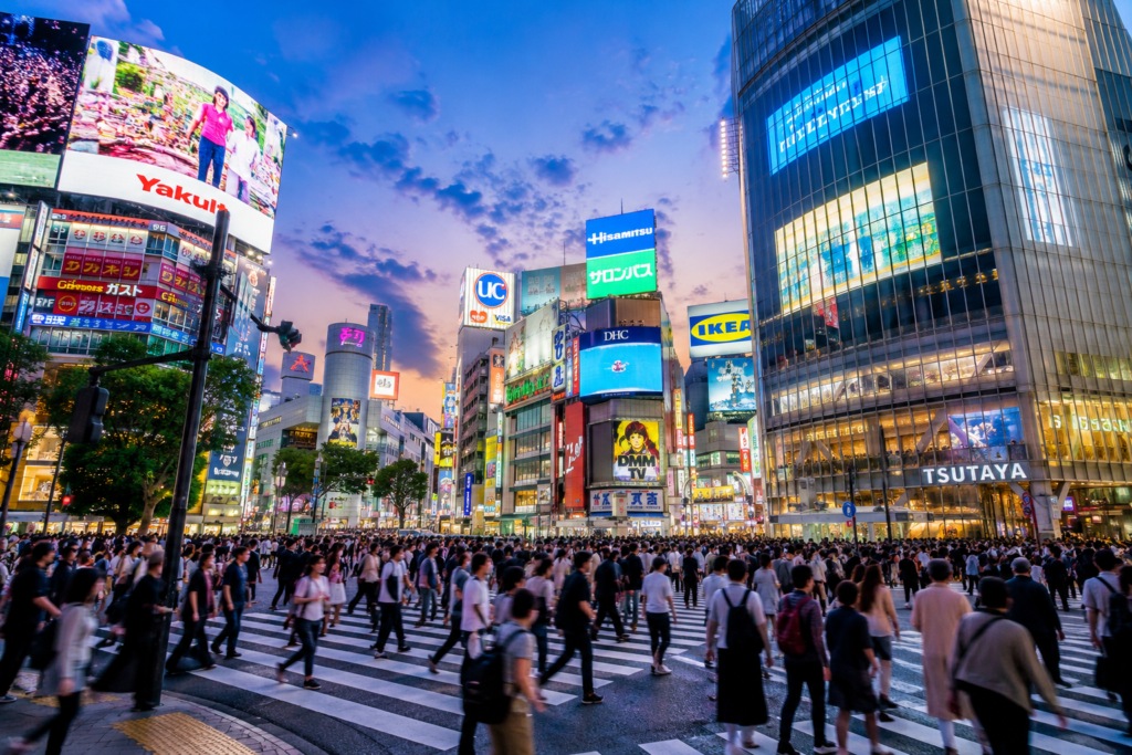 Shibuya Crossing in Tokyo at dusk