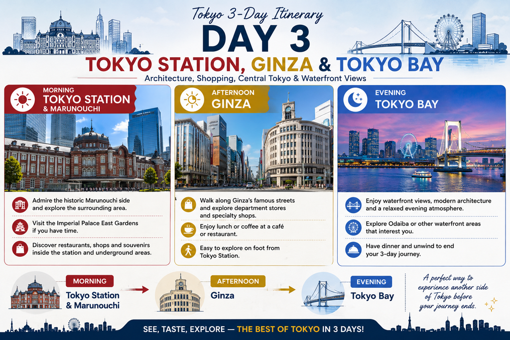 Tokyo itinerary featuring Tokyo Station, Ginza and Tokyo Bay