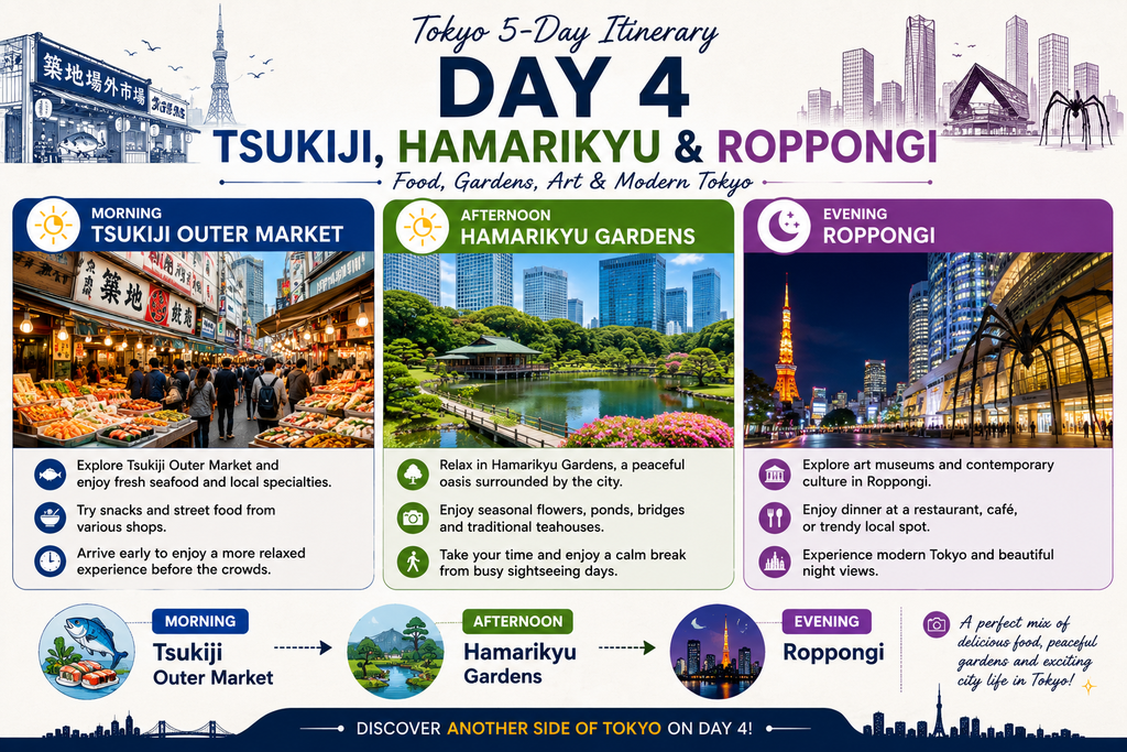 Tokyo itinerary featuring Tsukiji, Hamarikyu Gardens and Roppongi