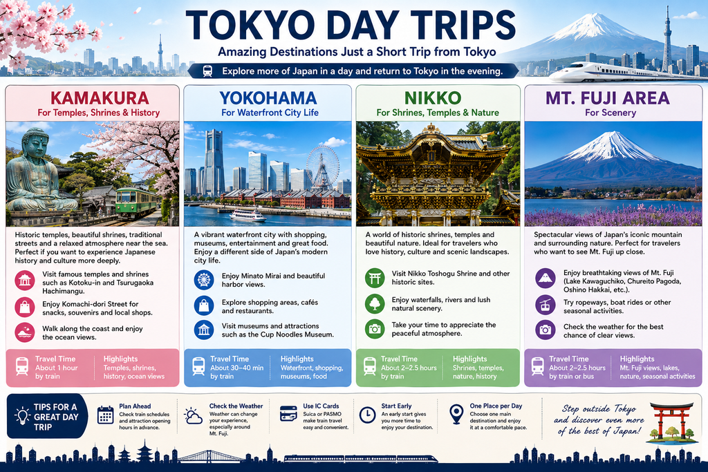 Tokyo day trip ideas including Kamakura, Yokohama, Nikko and the Mt. Fuji area