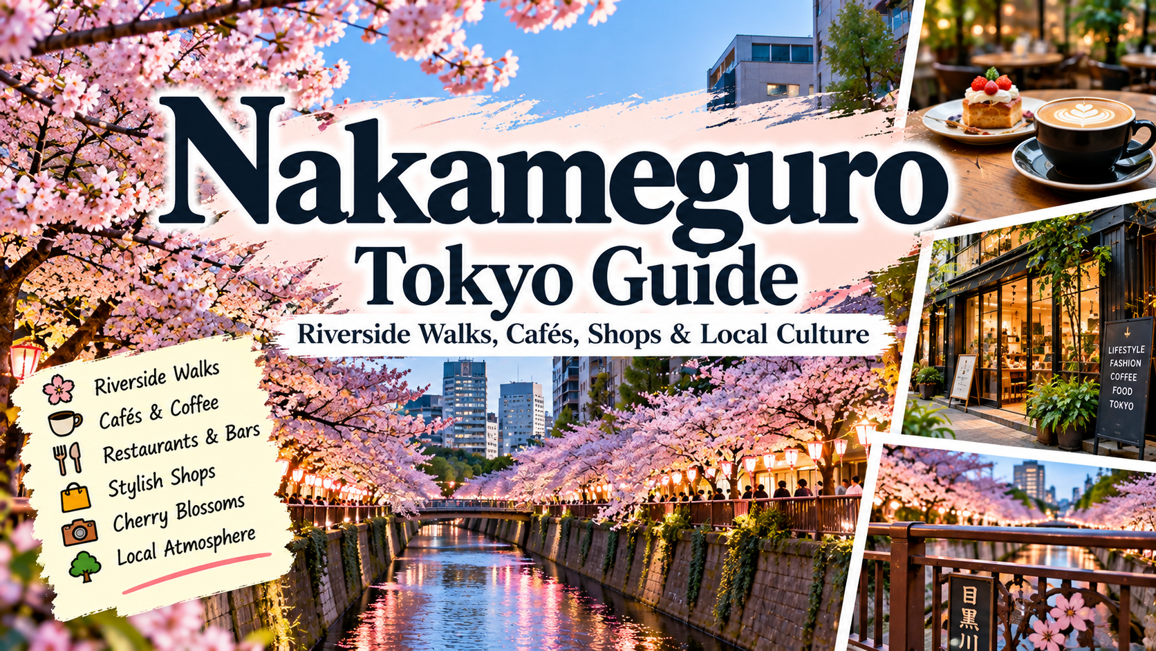 Nakameguro Tokyo guide featuring Meguro River, cafés, shops and cherry blossoms
