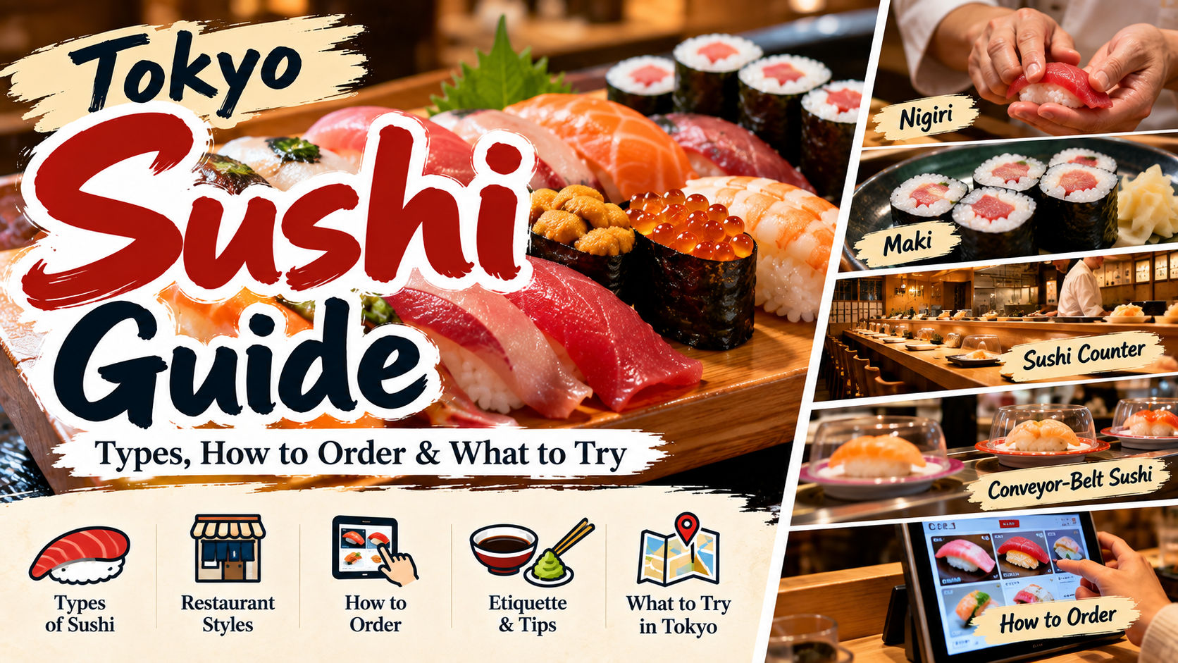 Tokyo sushi guide featuring nigiri, maki, sushi counters and conveyor-belt sushi