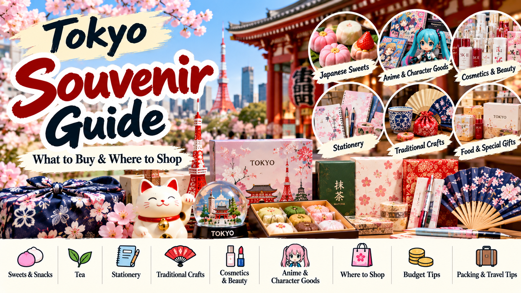 Tokyo souvenir guide featuring Japanese sweets, stationery, traditional crafts, cosmetics and character goods