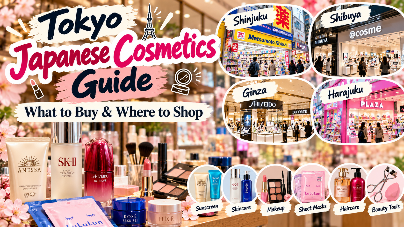 Tokyo Japanese cosmetics guide featuring skincare, sunscreen, makeup, sheet masks and haircare