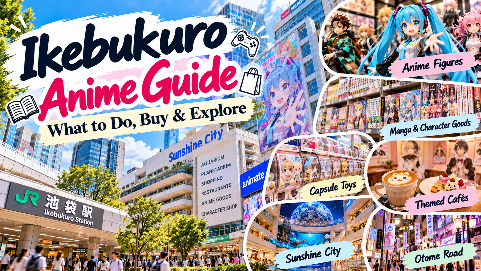 Ikebukuro anime guide featuring anime figures, manga, character goods, capsule toys and Sunshine City