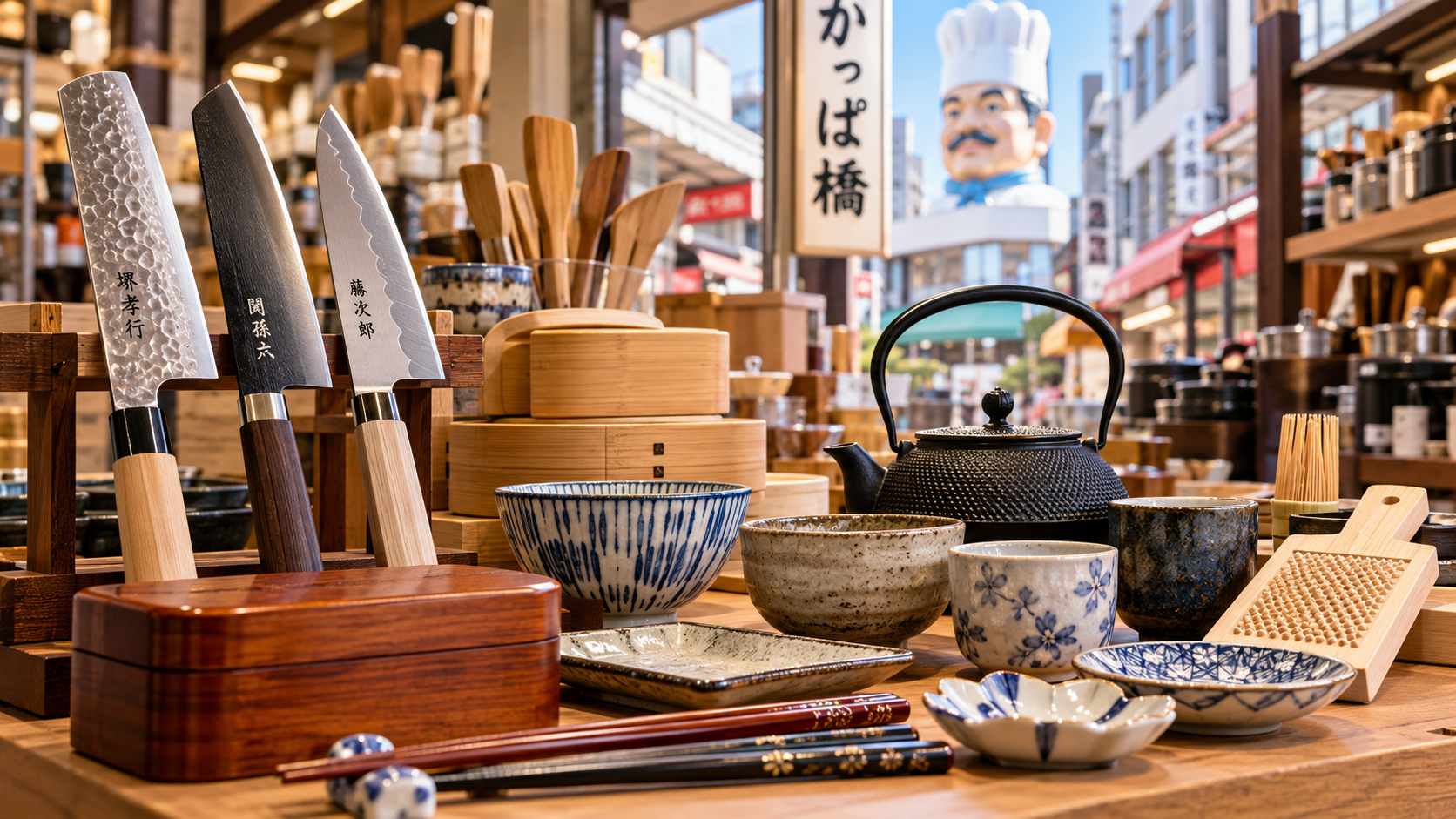 Japanese kitchenware shopping in Tokyo featuring kitchen knives, ceramic bowls, chopsticks, teapots and cooking utensils in Kappabashi