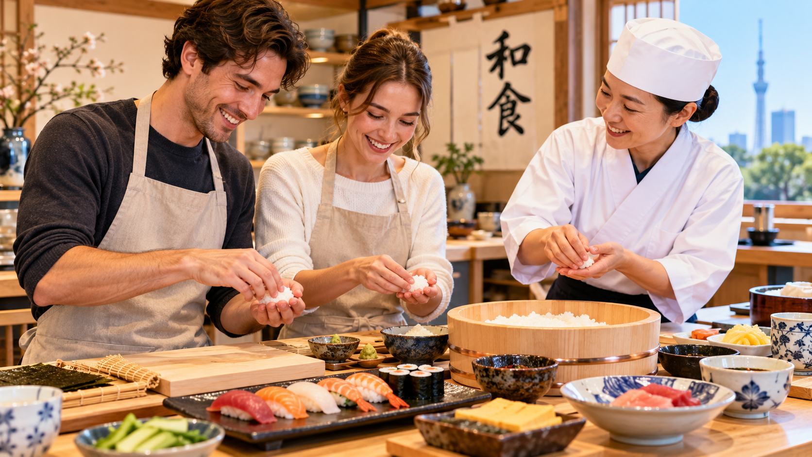 Tokyo cooking class with international travelers learning to make Japanese sushi from a Japanese instructor