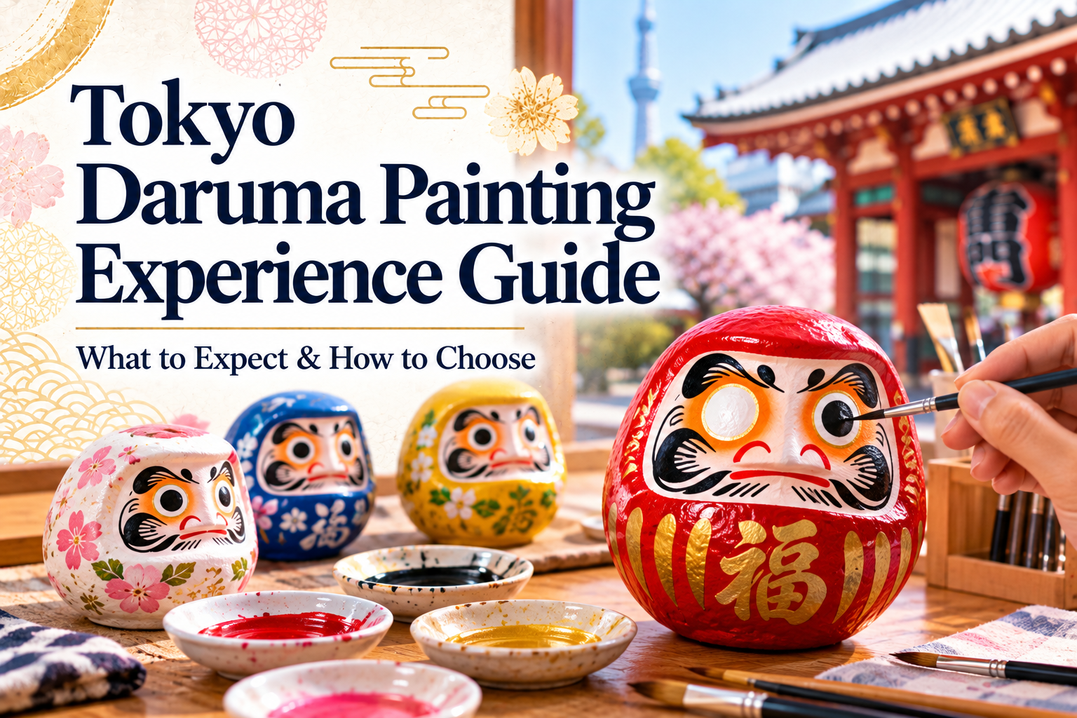 Japanese daruma painting experience in Tokyo featuring colorful daruma dolls, paintbrushes and a traditional red daruma being decorated