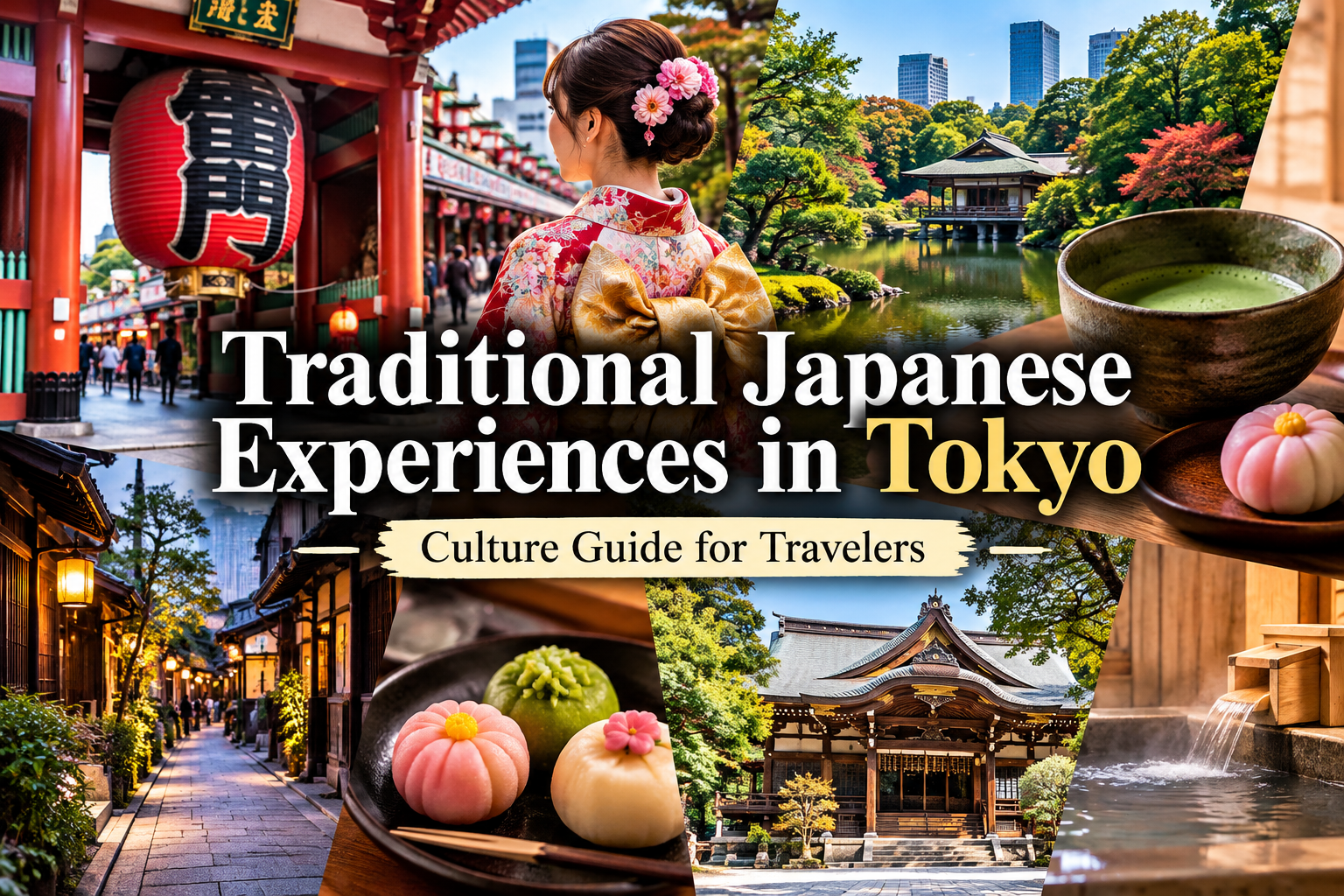 Traditional Japanese experiences in Tokyo featuring kimono, tea ceremony, wagashi, temples and Japanese gardens