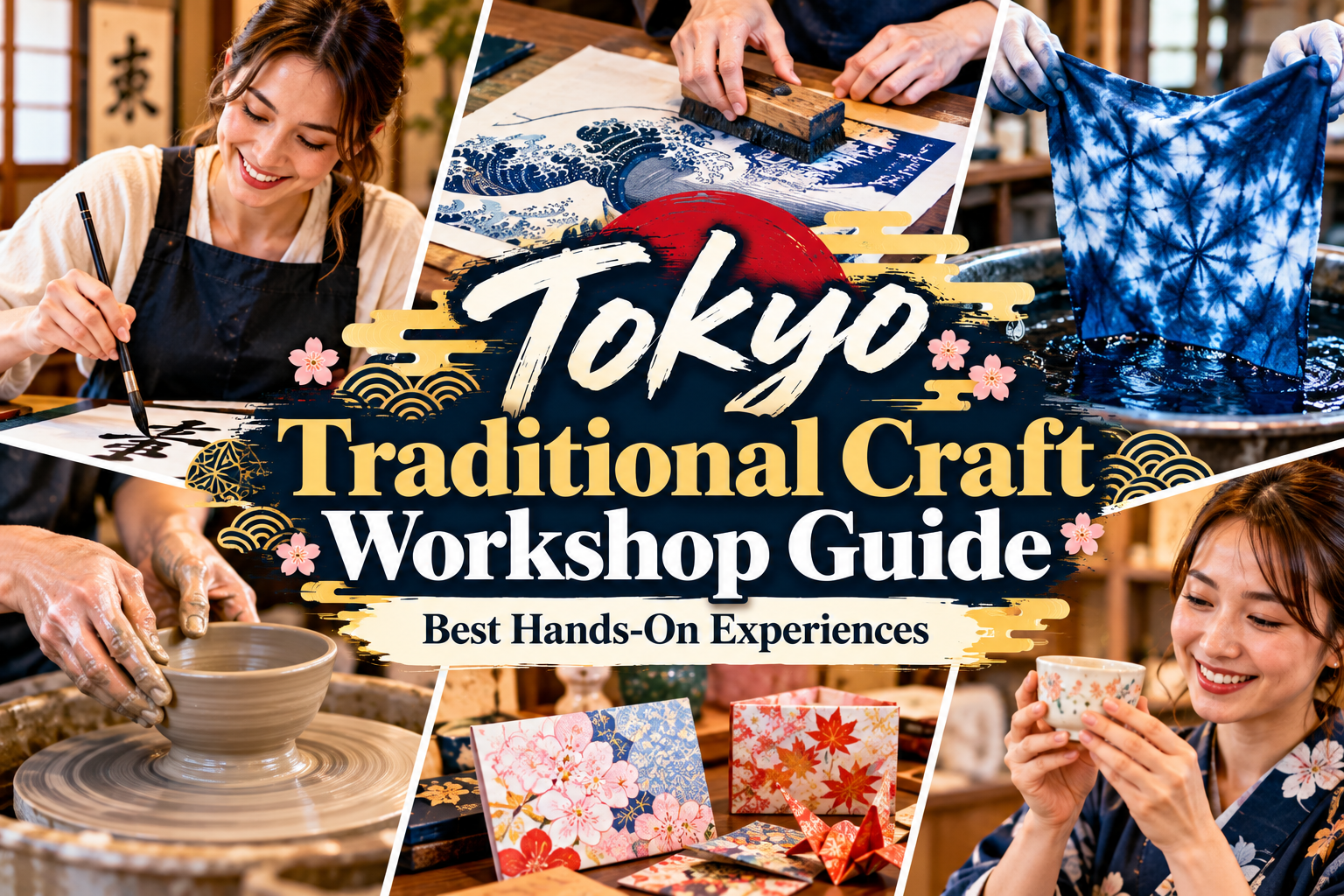 Tokyo traditional craft workshop guide featuring calligraphy, woodblock printing, indigo dyeing and pottery