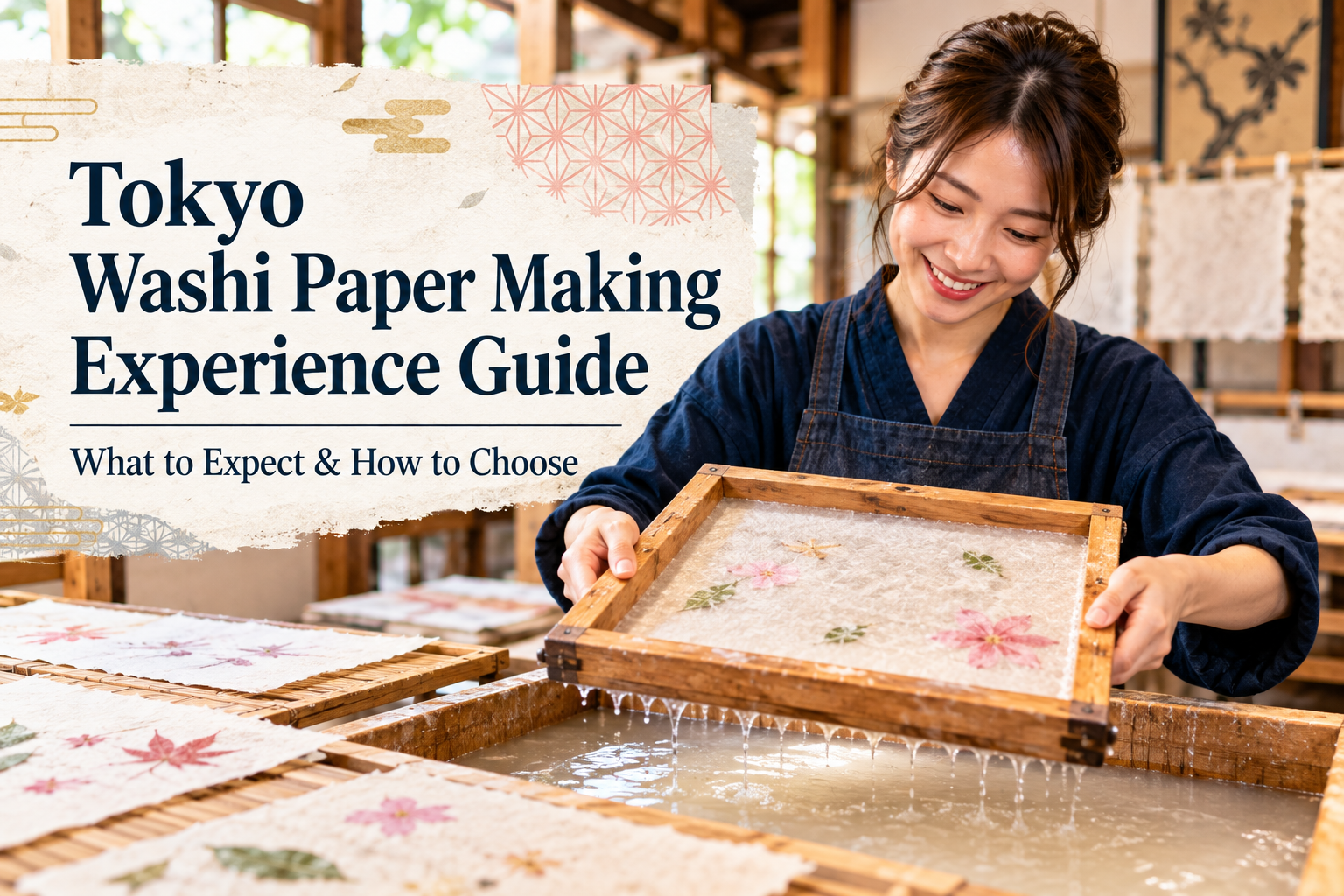 Japanese washi paper making workshop in Tokyo showing a participant creating handmade paper with a wooden frame
