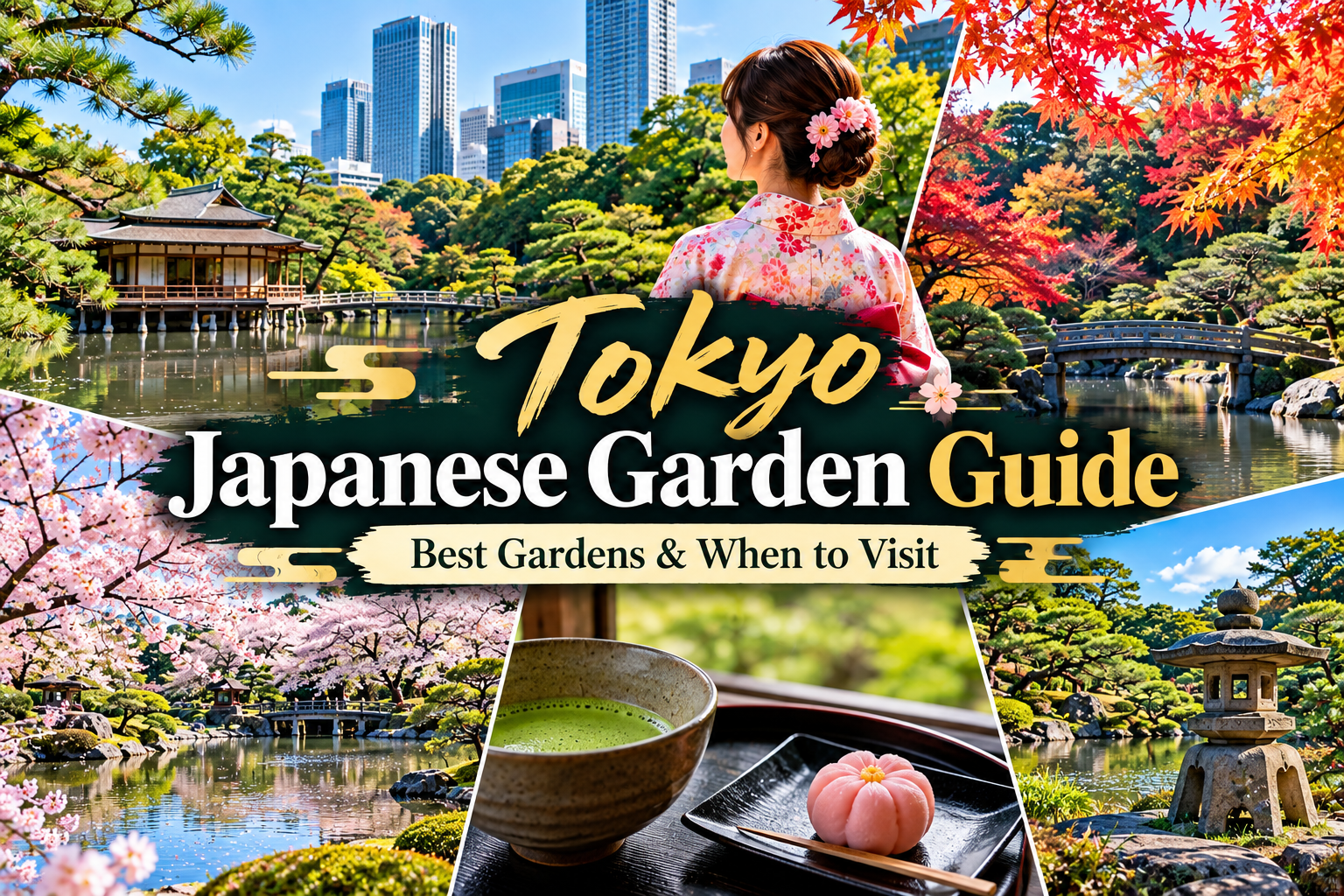 Tokyo Japanese garden guide featuring traditional gardens, ponds, bridges, cherry blossoms and autumn leaves