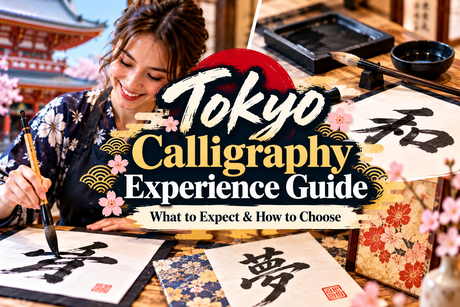 Tokyo calligraphy experience guide featuring Japanese brush writing, ink, kanji and traditional calligraphy tools