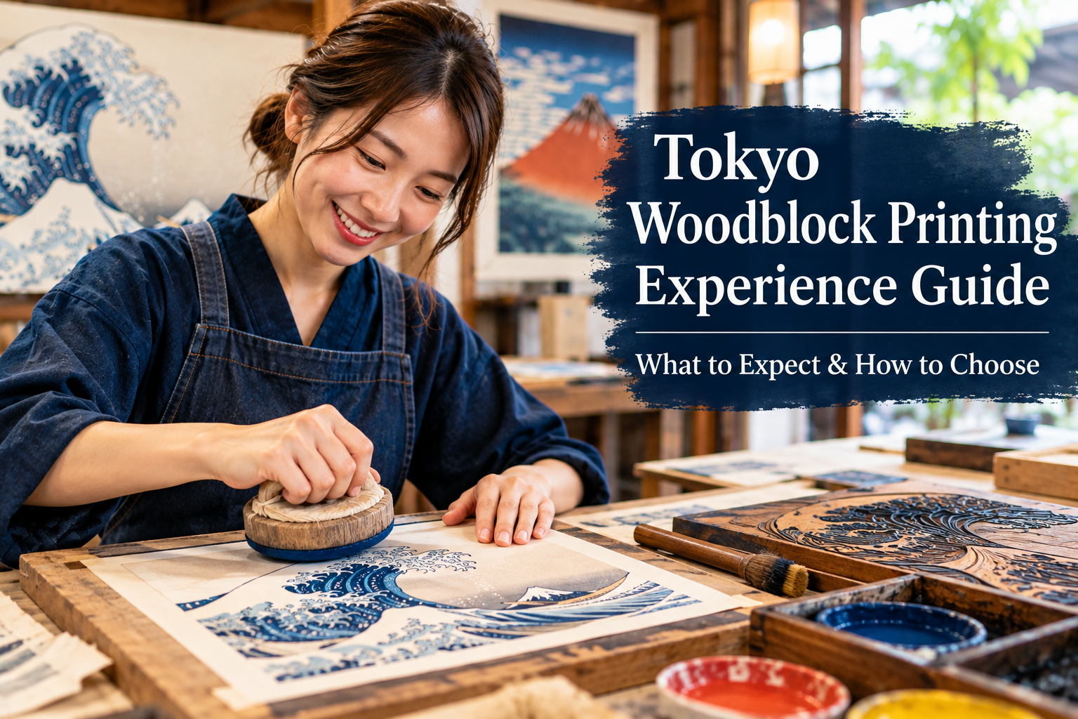 Japanese woodblock printing workshop in Tokyo showing a participant creating an ukiyo-e-style print