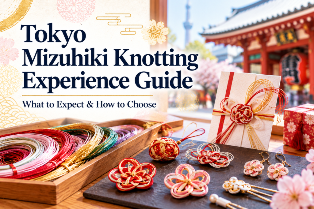 Colorful Japanese mizuhiki cords, decorative knots, handmade accessories and a traditional gift envelope in Tokyo