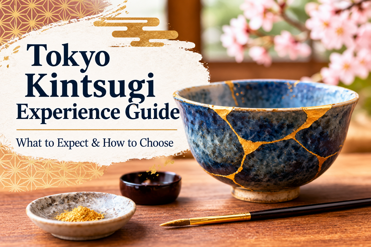 Japanese kintsugi ceramic bowl with gold repair lines, displayed with traditional craft tools in Tokyo