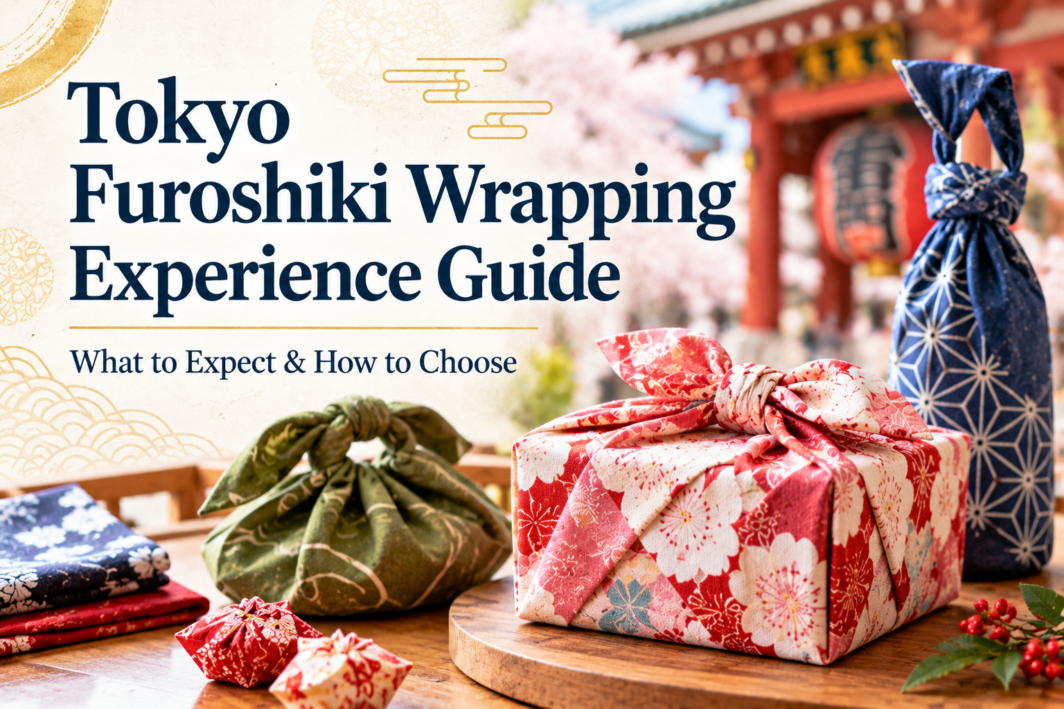 Japanese furoshiki wrapping with colorful patterned cloths, gift boxes and a wrapped bottle in Tokyo