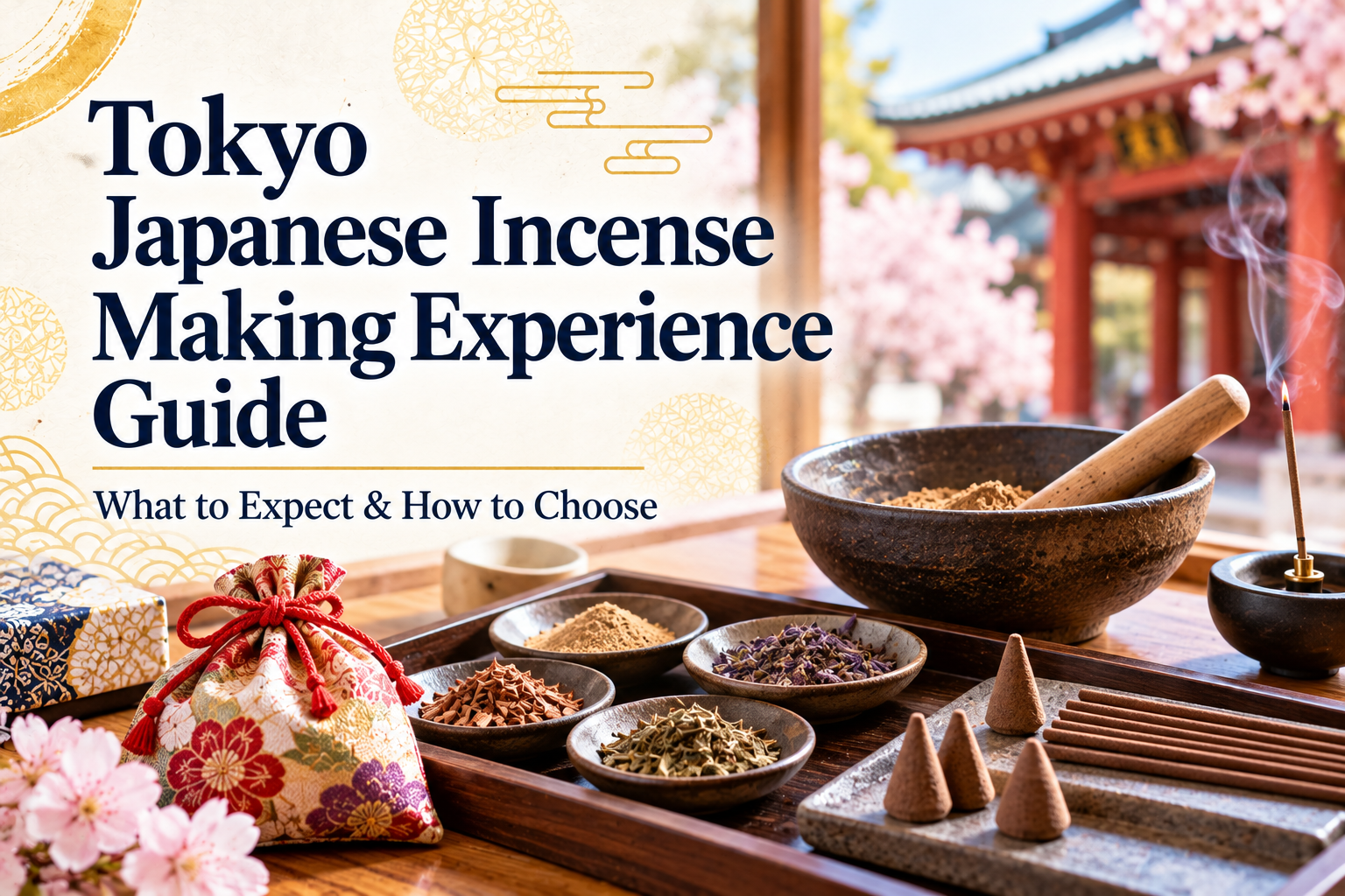 Japanese incense making materials, aromatic powders, incense cones and a burning incense stick in Tokyo