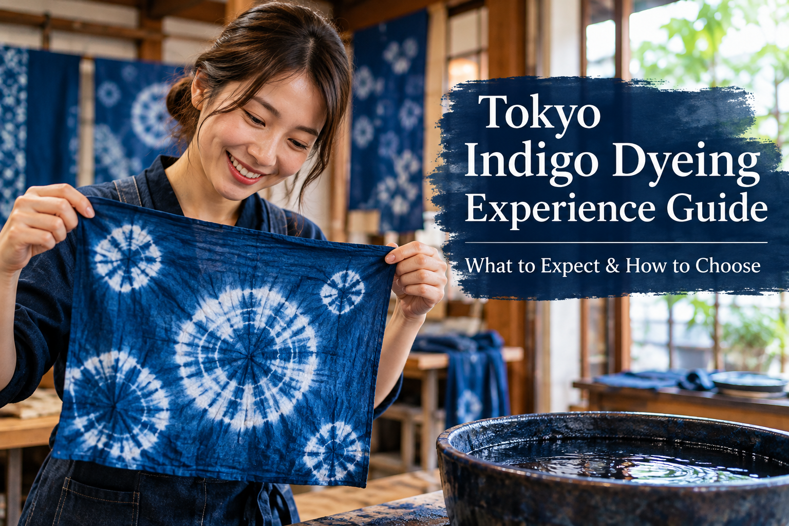 Japanese indigo dyeing workshop showing a handmade blue and white shibori fabric in Tokyo